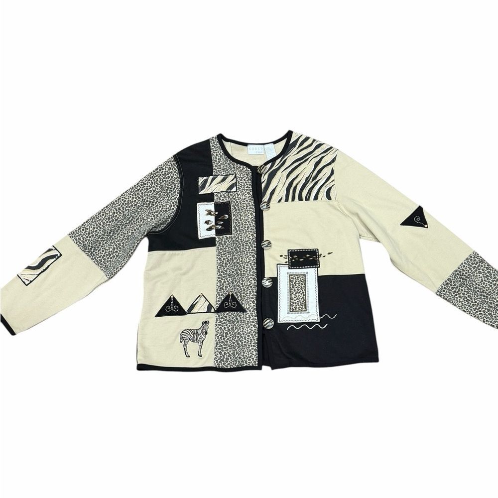 🦓 Vintage Koret K-Wear Animal Print Patchwork Cardigan Sweater 🐆 Tan & Black | - Picture 2 of 9